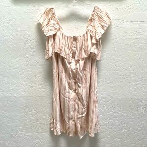 BP Womens Sun Dress sz S Beige Tan Striped Ruffle Neck Knee Length Button Front